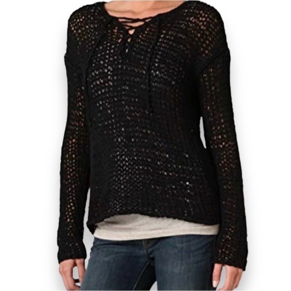 Vince Open Weave Sweater Hand Knit Boxy Lace up self Tie Neckline Small Designer - Picture 1 of 8